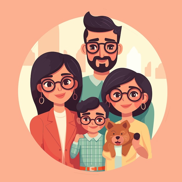 Un Portrait De Famille De Dessin Animé D'une Famille De Quatre Personnes.