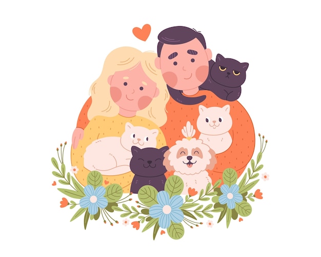 Vecteur portrait d'une famille heureuse avec des chats et des chiens journée mondiale de la famille famille avec des animaux