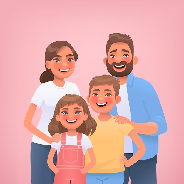 Portrait d'une famille heureuse sur fond rose Maman papa fils et fille posant ensemble