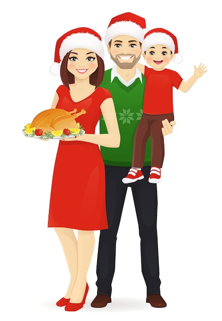 Vecteur portrait de famille de noël parents avec fils en chapeaux de père noël illustration vectorielle isolée femme tenant la dinde