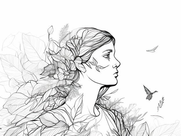 Portrait de femme abstraite avec dessin au trait fleurs et plantes