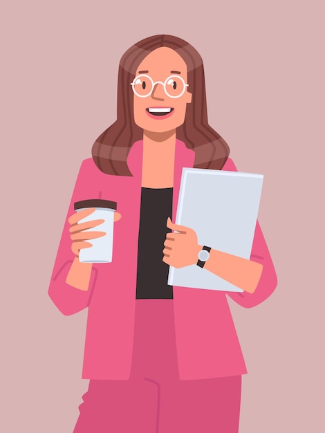 Vecteur portrait femme d'affaires prospère employé de bureau exécutif détient une tasse de café pour ordinateur portable _ai_generated