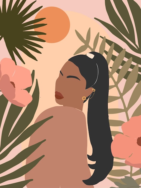 Vecteur portrait de femme boho moderne avec fond de feuilles et de fleurs tropicales affiche minimaliste tendance