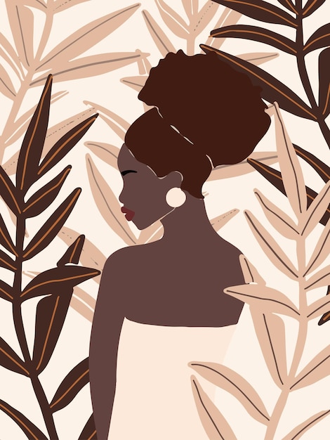 Vecteur portrait de femme noire dessinée à la main abstraite affiche de mode avec jardin afro-américain et tropical