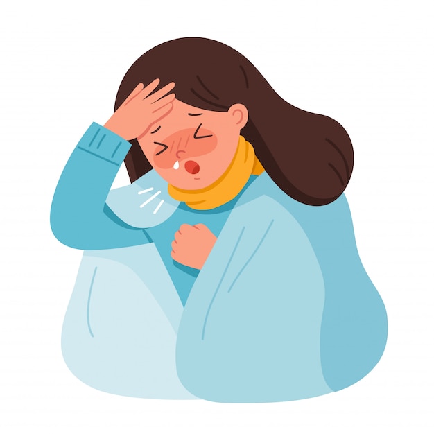 Vecteur portrait de femme tombe malade. elle tousse et souffre de douleurs à la poitrine. coronavirus 2019-ncov flu.santé et médecine. illustration.