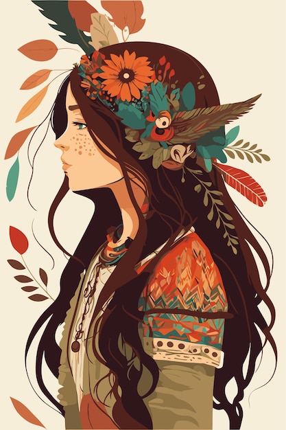 Portrait de fille tribale indienne Boho avec des plumes dans les cheveux et portant un poncho traditionnel