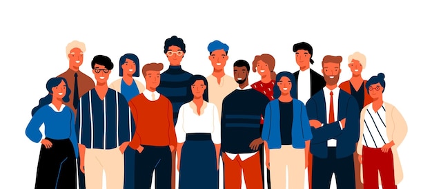 Vecteur portrait de groupe d'employés de bureau souriants drôles ou de commis debout ensemble. équipe d'employés ou de collègues masculins et féminins joyeux et mignons. illustration vectorielle colorée en style cartoon plat.