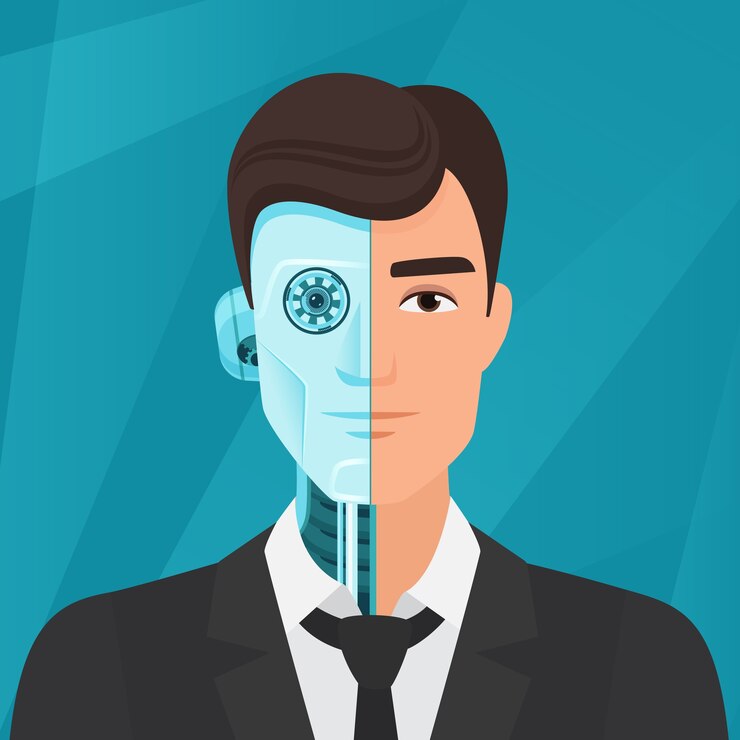 Portrait d'homme d'affaires moitié cyborg, moitié homme humain
