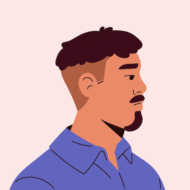 Portrait d'un homme de mode avec une coupe de cheveux de couleurs vives et un style de barbe d'ancre Profile masculin avec moustache Avatar carré de la personne avec moustaches sur le visage vue latérale Illustration vectorielle isolée plate