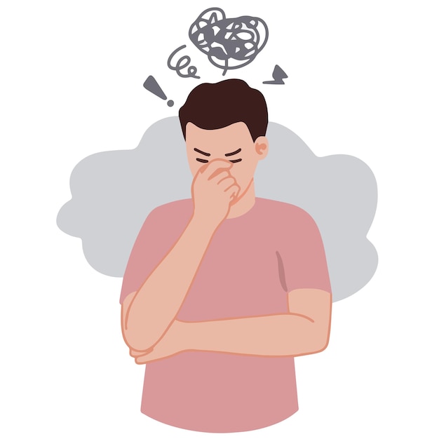 Portrait d'un homme se sentant stressé épuisé fatigué mal de tête fatigué se frotter le nez illustration vectorielle