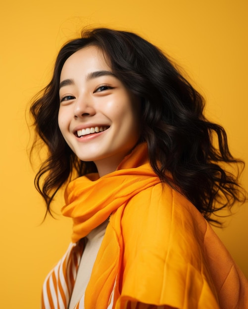 Vecteur portrait d'une jeune femme asiatique souriante portant un foulard orange sur fond jaune