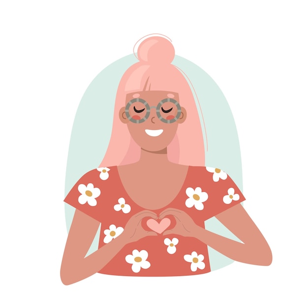 Portrait d'une jeune femme aux cheveux roses et lunettes montre une illustration plate de vecteur de geste de coeur