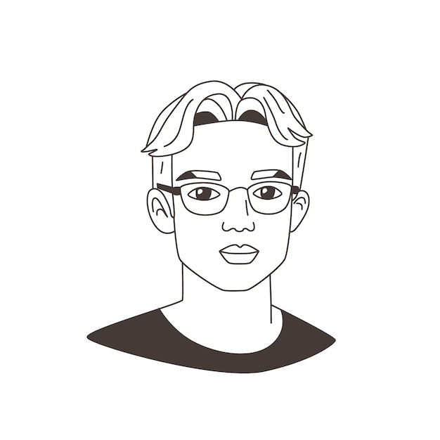 Vecteur portrait d'un jeune homme avec des lunettes dans le style dessiné à la main des garçons avatar visage tête croquis ligne contour icône simple illustration vectorielle isolée