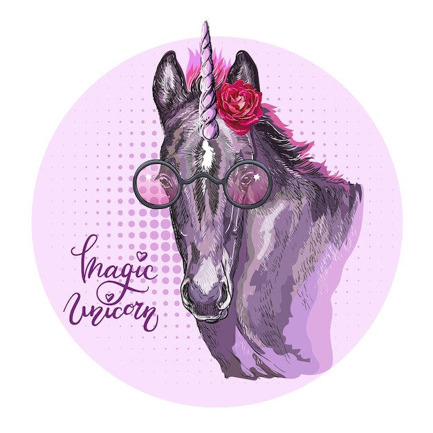 Vecteur portrait d'une licorne avec des lunettes vector illustration dessinée à la main