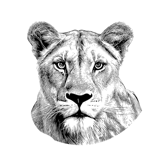 Vecteur portrait de lionne adulte illustration de croquis dessinés à la main animaux sauvages