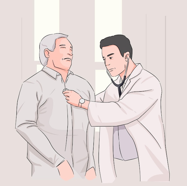 Vecteur portrait d'un médecin médecin examine le symptôme physique d'un patient âgé dans la salle d'examen