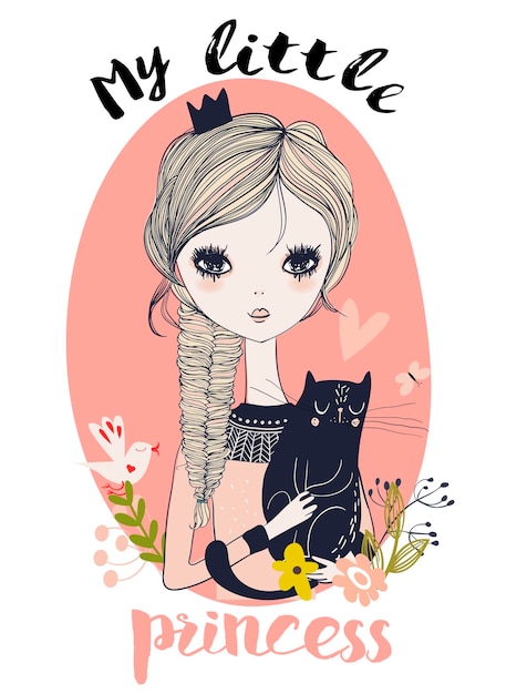 Vecteur portrait mignon de petite princesse avec le chat noir