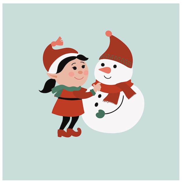 Portrait D'une Mignonne Petite Elfe Avec Un Homme De Neige Portant Le  Costume De Noël Sinterklas Santa Claus Illustration Vectorielle D'hiver