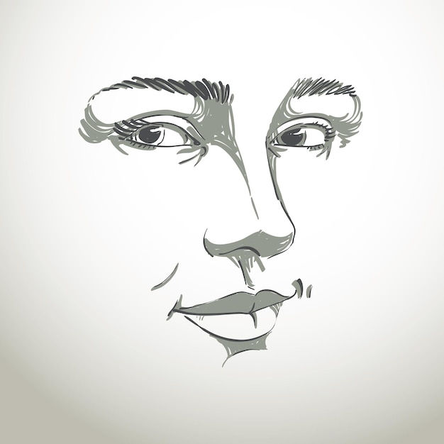 Portrait noir et blanc vectoriel dessiné à la main d'une femme flirtant à la peau blanche, illustration du thème des émotions du visage. Belle dame sexy posant sur fond blanc, fille aux traits délicats du visage.