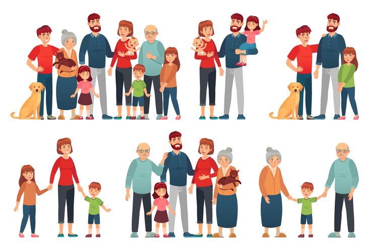 Vecteur portrait de parents et enfants heureux, vieille grand-mère et grand-père