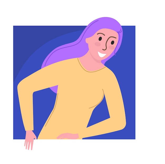 Portrait De Personnage De Femme Souriante Debout Dans Le Concept De Cadre Femme Aux Cheveux Violets Regardant à Plat