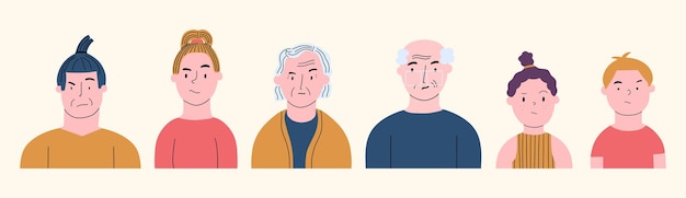 Vecteur portrait de personnes d'âges différents avec une expression de scepticisme, perplexité, méfiance surprise