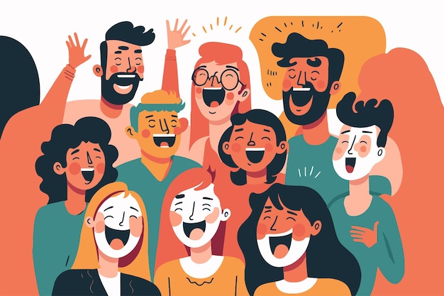 Portrait de personnes de groupe de rire heureux d'adolescents et de filles souriants à la fête