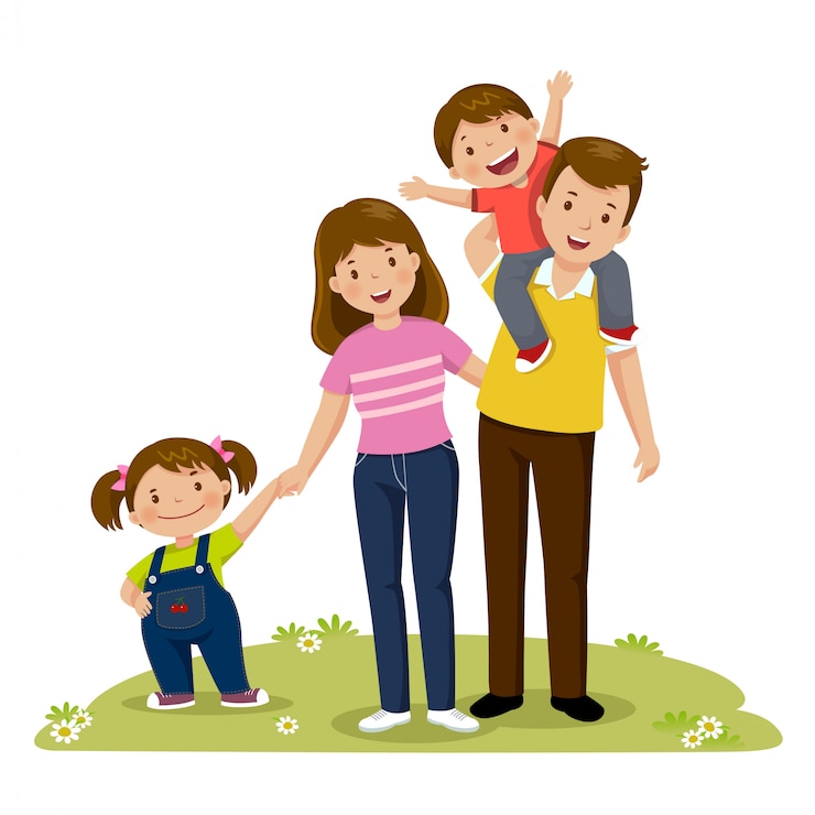 Vecteur portrait de quatre membres de la famille heureuse posant ensemble. parents avec enfants