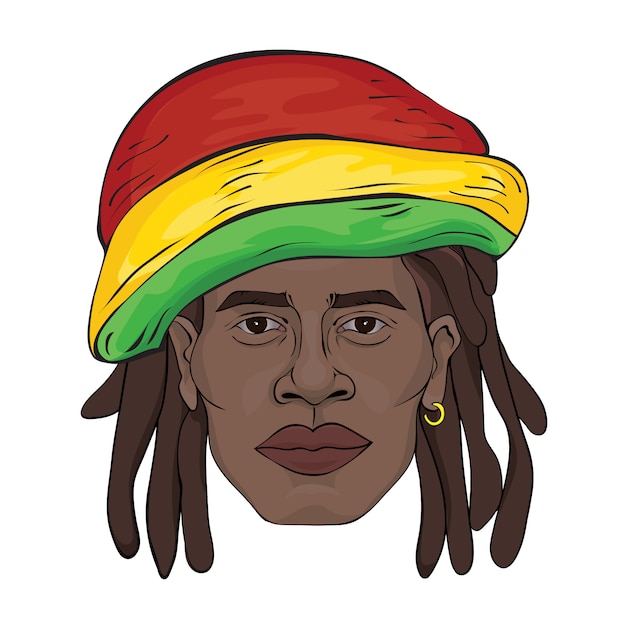 Vecteur portrait de rastaman. le visage de l'homme noir dans un chapeau de rastaman. illustration, sur blanc.