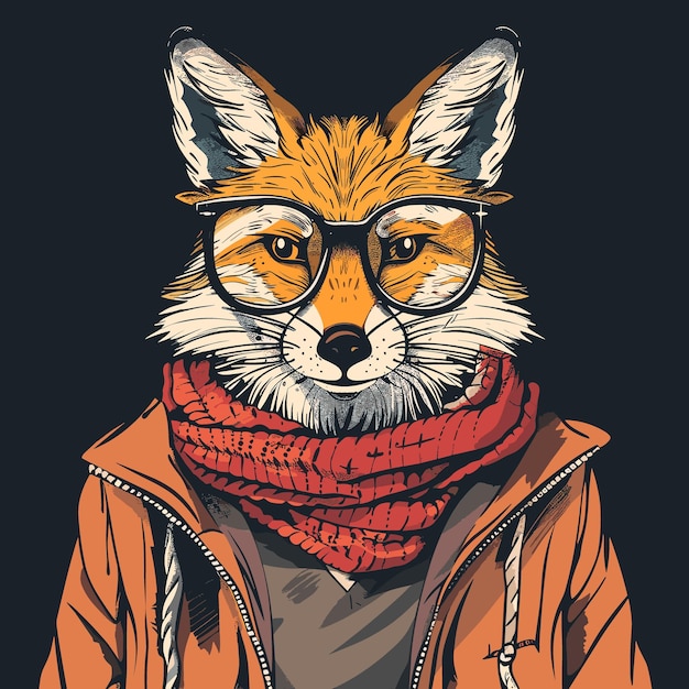 Portrait De Renard Avec Des Lunettes Et Un Foulard Illustration Dessinée à La Main