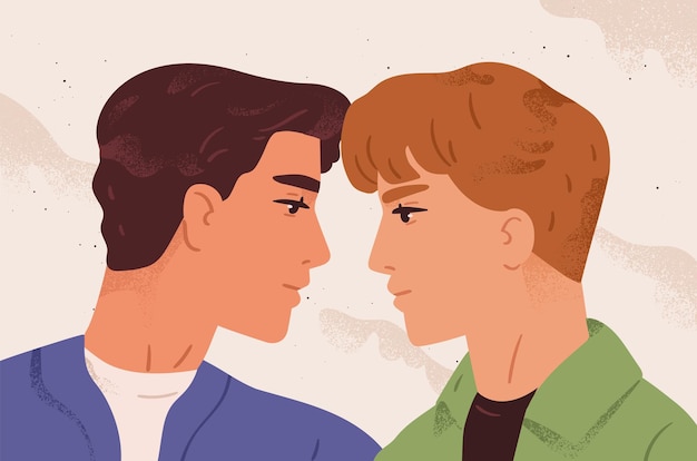Portrait romantique d'un couple homosexuel amoureux. Les jeunes hommes se regardent. Concept de tendresse, de romance et de passion dans la relation. Illustration de dessin animé de vecteur plat.