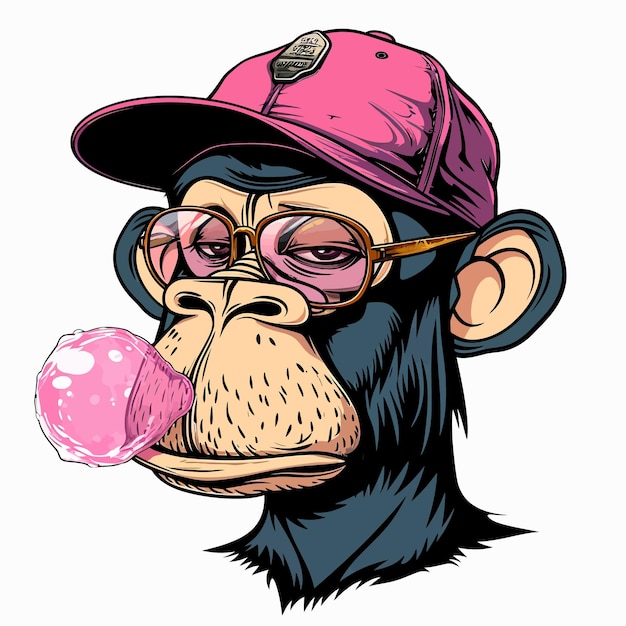 Portrait d'un singe drôle avec des lunettes et un t-shirt rose à gomme à bulles