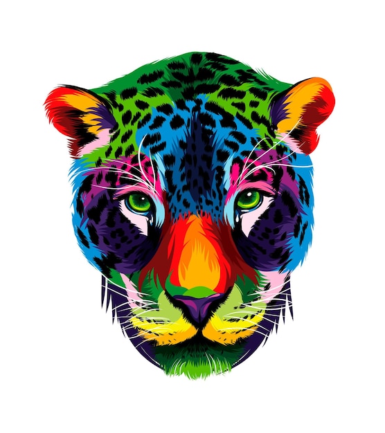 Portrait de tête de jaguar de peintures multicolores Éclaboussure de dessin coloré à l'aquarelle réaliste