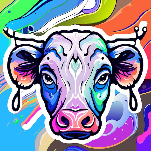 Vecteur portrait de vache dans le style pop art couleurs volantes expression dessinée à la main autocollant de dessin animé plat élégant