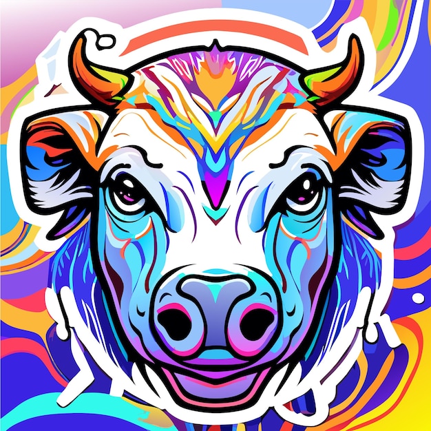 Vecteur portrait de vache dans le style pop art couleurs volantes expression dessinée à la main autocollant de dessin animé plat élégant