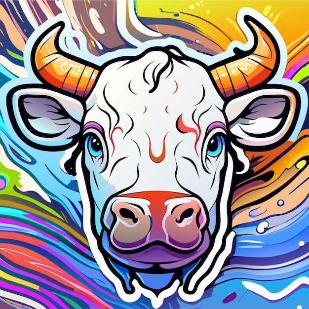 Vecteur portrait de vache dans le style pop art couleurs volantes expression dessinée à la main autocollant de dessin animé plat élégant