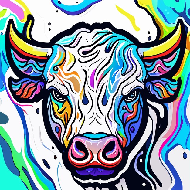 Vecteur portrait de vache dans le style pop art couleurs volantes expression dessinée à la main autocollant de dessin animé plat élégant