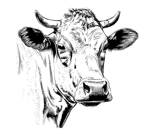 Portrait De Vache En Traits. Croquis Dessiné à La Main De Tête De Vache. Illustration Vectorielle.