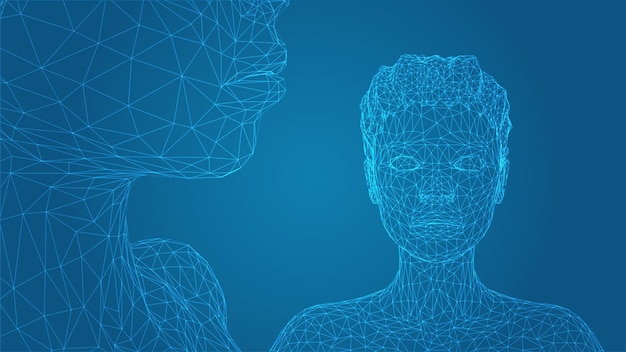 Portrait vectoriel 3D d'une belle jeune fille avec une coiffure d'angles sur un fond bleu