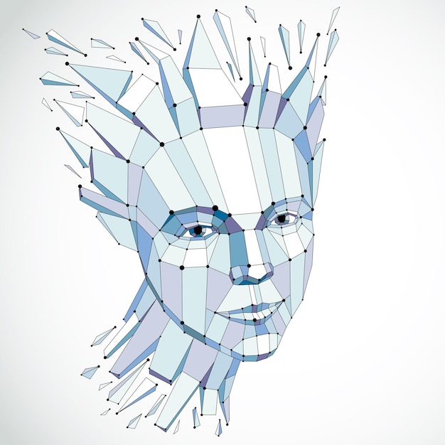 Portrait vectoriel 3d créé avec un maillage de lignes. Allégorie de l'intelligence, visage bleu low poly avec éclats qui s'effondrent, tête explosant d'idées, de pensées et d'imagination.