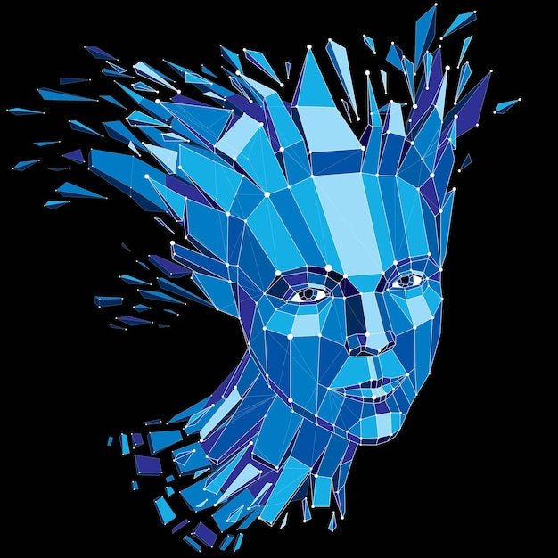 Portrait vectoriel 3d créé avec un maillage de lignes. Allégorie de l'intelligence, visage bleu low poly avec éclats qui s'effondrent, tête explosant d'idées, de pensées et d'imagination.