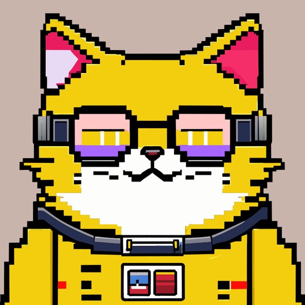 Vecteur portrait vectoriel pixelé 8 bits chat robot mignon et gros portant des lunettes souriant épaules larges