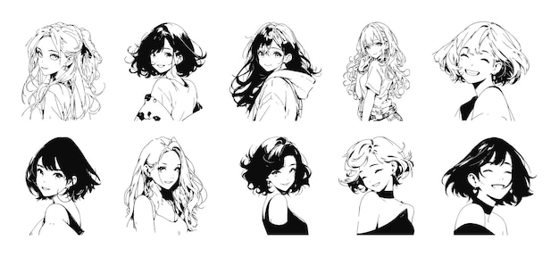 Portraits d'adolescentes heureuses en noir et blanc Écolières mignonnes dans un style anime ou manga