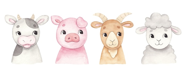 Portraits à l'aquarelle dessinés à la main d'animaux de la ferme vache cochon chèvre mouton agneau