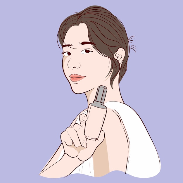 Portraits de beauté d'une belle jeune femme tenant une bouteille de crème cosmétique en blanc Modèle de mode