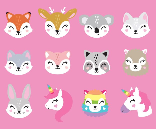 Des portraits de bébés animaux mignons Le renard, le cerf, le koala, le chat, le raton laveur, l'unicorne, l'alpaca, le lama, le lapin Illu