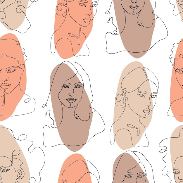 Portraits Féminins Abstraits Modernes. Illustration Vectorielle à La Mode Contour Dessiné à La Main. Ligne Continue, Concept Minimaliste. Modèle Sans Couture De Vecteur.