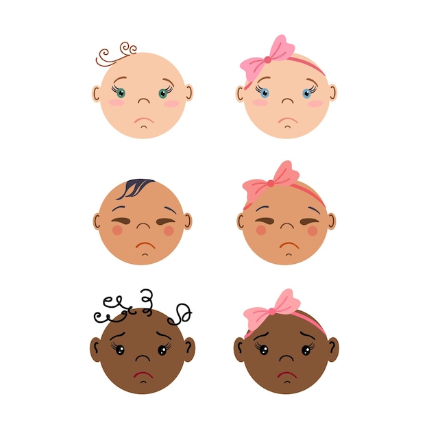 Vecteur portraits frontaux de nouveau-nés en larmes. ensemble de visages de bébé multiraciaux. petits garçons et petites filles.