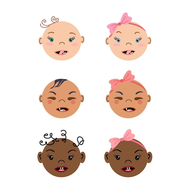 Vecteur portraits frontaux de nouveau-nés surpris. ensemble de visages de bébé multiraciaux. petits garçons et petites filles.