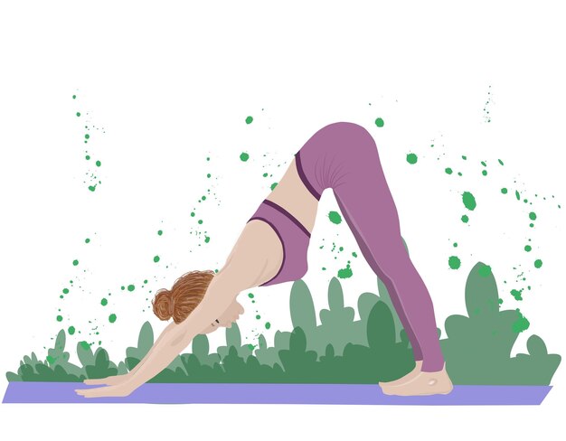 Vecteur la pose du chien vers le bas, la main dessinée, les poses de yoga plates, la collection de vecteurs organiques, la pratique du yoga par une jeune femme.